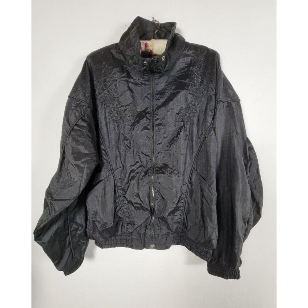 Kuma Sport Vintage Black Crinkle Bomber Jacket Zip-Up Oversized Lightweight